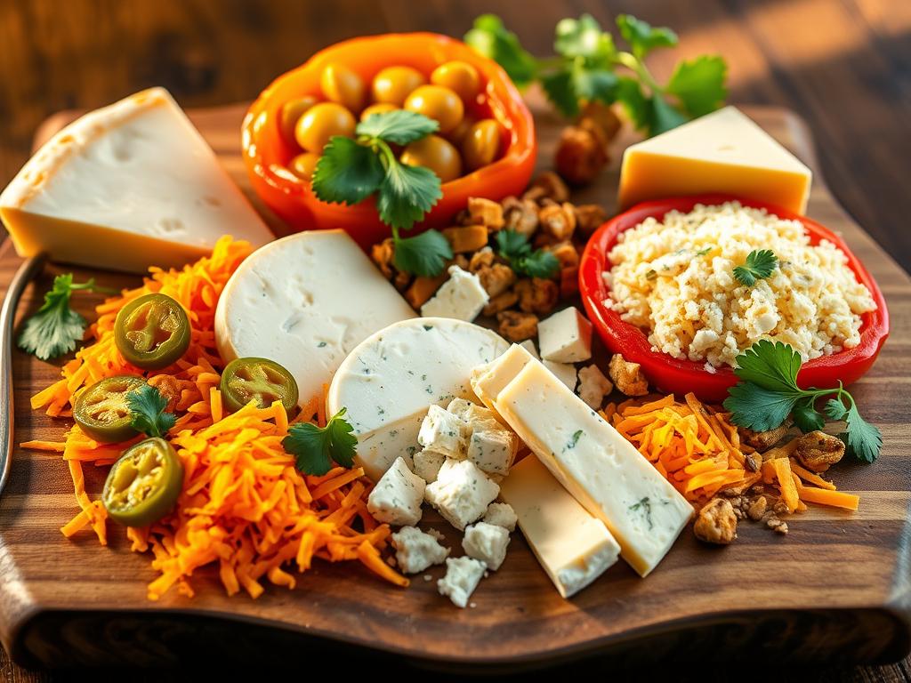 A tantalizing selection of artisanal cheeses arranged on a rustic wooden board, the centerpiece of a taco-stuffed pepper feast. Thick slices of creamy brie, tangy crumbled feta, and shredded cheddar in vibrant orange hues nestle alongside pickled jalapeños, fresh cilantro sprigs, and a scattering of toasted cumin seeds. Warm, golden light filters through the arrangement, casting subtle shadows and highlighting the varied textures and flavors. The cheeses are positioned to invite the viewer to imagine assembling the perfect taco-stuffed pepper, a harmonious blend of savory, spicy, and indulgent elements.