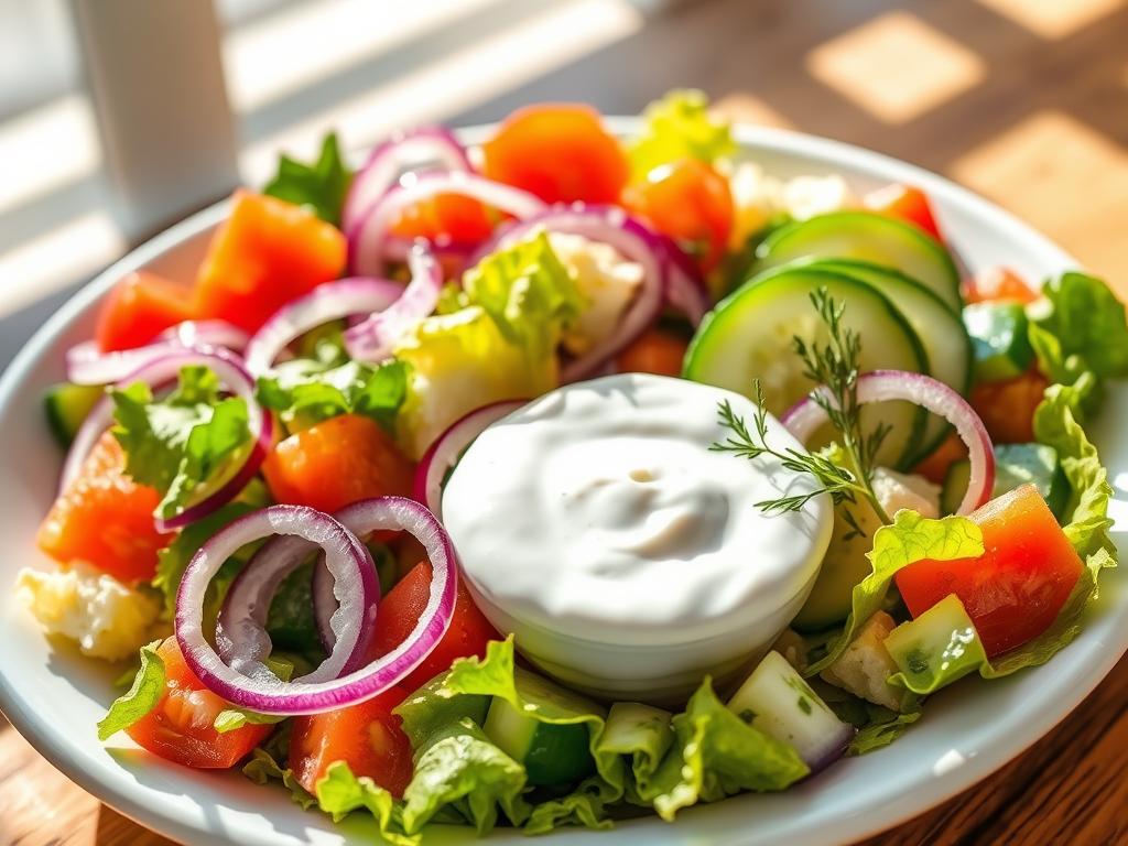 A vibrant Greek salad with crisp romaine lettuce, juicy tomatoes, crunchy cucumbers, and rings of tangy red onion. Nestled alongside, a creamy tzatziki sauce made with thick Greek yogurt, fresh dill, and a hint of garlic. Dappled sunlight filters through the scene, casting a warm, natural glow. The salad's colors pop against the white ceramic plate, while the tzatziki's cooling hue complements the fresh greens. This nutritious and flavorful pairing evokes the sun-drenched Mediterranean, ready to perfectly complement the richness of the marinated chicken Nikolopa.