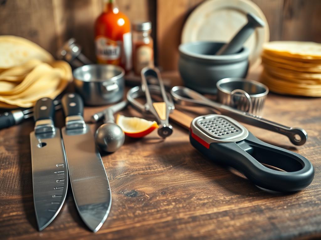 A well-lit, close-up shot of an assortment of taco-making kitchen tools arranged on a rustic wooden surface. In the foreground, a sharp chef's knife, a sturdy can opener, and a handheld citrus juicer sit neatly side by side. In the middle ground, a pair of tongs, a zester, and a small mixing bowl come into focus. The background features a mortar and pestle, a bottle of hot sauce, and a stack of corn tortillas, creating a sense of a fully equipped taco-prep station. Warm, natural lighting casts gentle shadows, emphasizing the textures and details of the tools, conveying a cozy, homemade atmosphere.