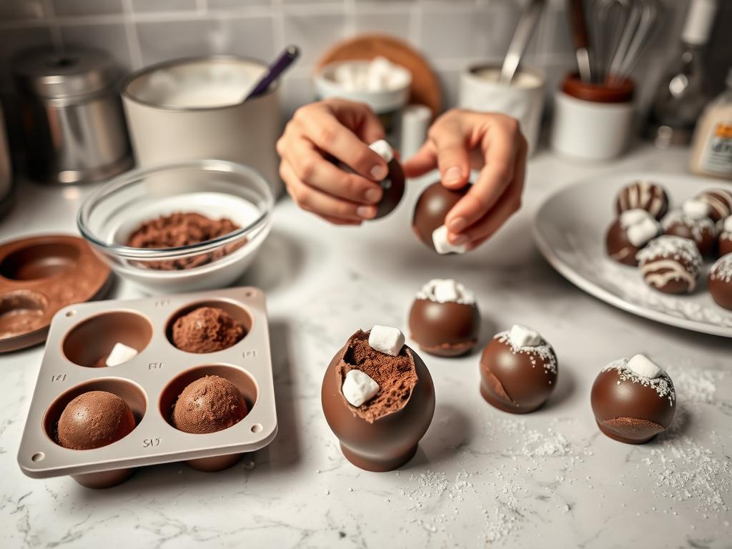 A well-lit kitchen counter showcases the step-by-step assembly of hot chocolate bombs. Foreground displays a silicone mold filled with melted chocolate, ready to be filled with cocoa powder and mini marshmallows. In the middle, hands carefully close the chocolate hemispheres, sealing in the decadent ingredients. The background features an array of additional supplies: a saucepan of steaming milk, a whisk, and a plate of finished hot chocolate bombs, dusted with a light coating of powdered sugar. The scene emanates a cozy, comforting atmosphere, inviting the viewer to imagine the rich, creamy deliciousness of the homemade treats.