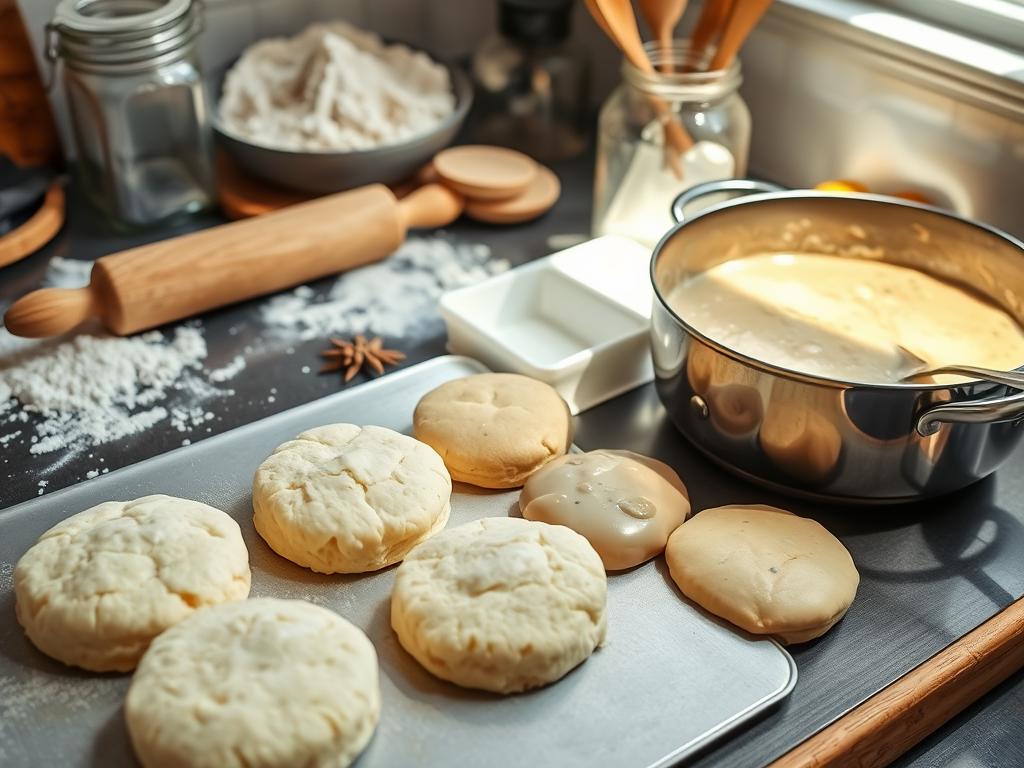 A well-lit kitchen counter with a rolling pin, flour, and various baking ingredients. In the foreground, fresh homemade biscuits are being cut and placed onto a baking sheet. Beside them, a saucepan simmers with a creamy, savory vegan gravy, made with plant-based milk, herbs, and spices. The scene has a warm, comforting atmosphere, with natural lighting casting a soft glow on the preparation process. The composition emphasizes the step-by-step nature of the vegan biscuits and gravy recipe, inviting the viewer to envision themselves in the midst of this delicious culinary experience.