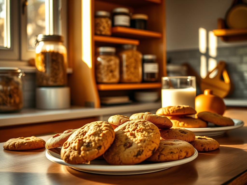 A well-organized kitchen counter with an assortment of freshly baked breakfast cookies neatly arranged. Warm, golden hues from the morning sunlight filtering through a nearby window cast a cozy glow. The cookies, still slightly soft and steam rising, are accompanied by a glass of milk and a simple ceramic plate. In the background, a wooden shelving unit displays jars of homemade granola, honey, and other wholesome breakfast staples. The overall scene evokes a sense of wholesome, rustic simplicity - the perfect start to a busy day.