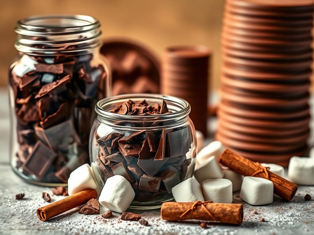 An artfully arranged still life showcasing the essential ingredients for crafting delectable hot chocolate bombs. In the foreground, a shiny glass jar filled with rich, Belgian chocolate shards glimmers under warm, softly diffused lighting. Surrounding it, a scattering of plump marshmallows, a cinnamon stick, and a dusting of cocoa powder evokes the cozy, winter-wonderland flavors. In the middle ground, a vintage-inspired mold for molding the chocolate shells stands ready, while in the background, a stack of smooth, round chocolate discs await their transformation. The overall scene conveys a sense of homemade indulgence and the promise of a perfectly crafted, irresistible hot chocolate treat.