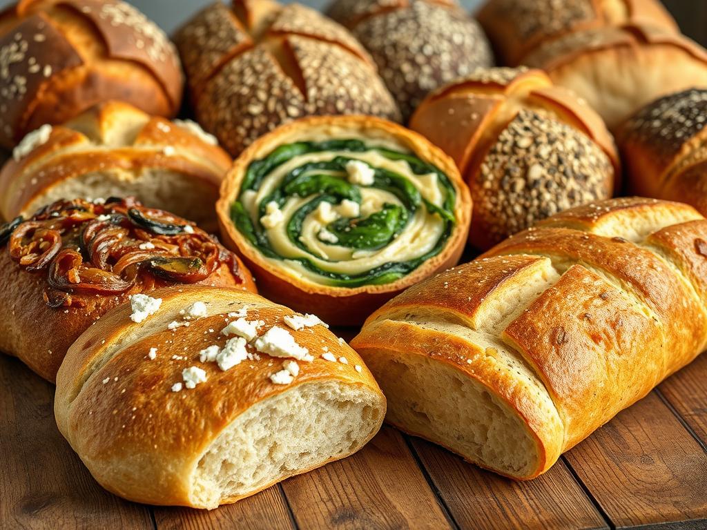 An assortment of delectable "garbage bread" variations, baked to perfection and displayed on a rustic wooden table. In the foreground, a classic loaf of garlic-infused bread with a golden-brown crust, alongside a savory iteration topped with caramelized onions and crumbled feta. In the middle ground, a spinach and sun-dried tomato-swirled bread, and a cheesy, herb-flecked pull-apart offering. In the background, a selection of seeded and rye-based loaves, all exuding an irresistible aroma. Captured in warm, natural lighting with a shallow depth of field, highlighting the textures and inviting the viewer to imagine the taste of these unique and enticing garbage bread creations.