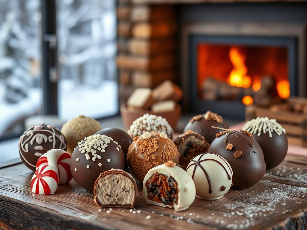 An elegant, artfully-styled still life of a selection of creative, gourmet hot chocolate bomb flavors. The foreground features an assortment of spherical, handcrafted chocolate shells in a variety of enticing colors and flavor combinations, such as peppermint, salted caramel, and white chocolate with dried fruits. The middle ground displays the bombs arranged on a rustic wooden surface, with a cozy, warm lighting illuminating the scene. In the background, a soft, out-of-focus winter landscape with snow-covered trees and a crackling fireplace create a cozy, hygge atmosphere. The overall mood is inviting, sophisticated, and full of delightful contrasts in texture, flavor, and color.