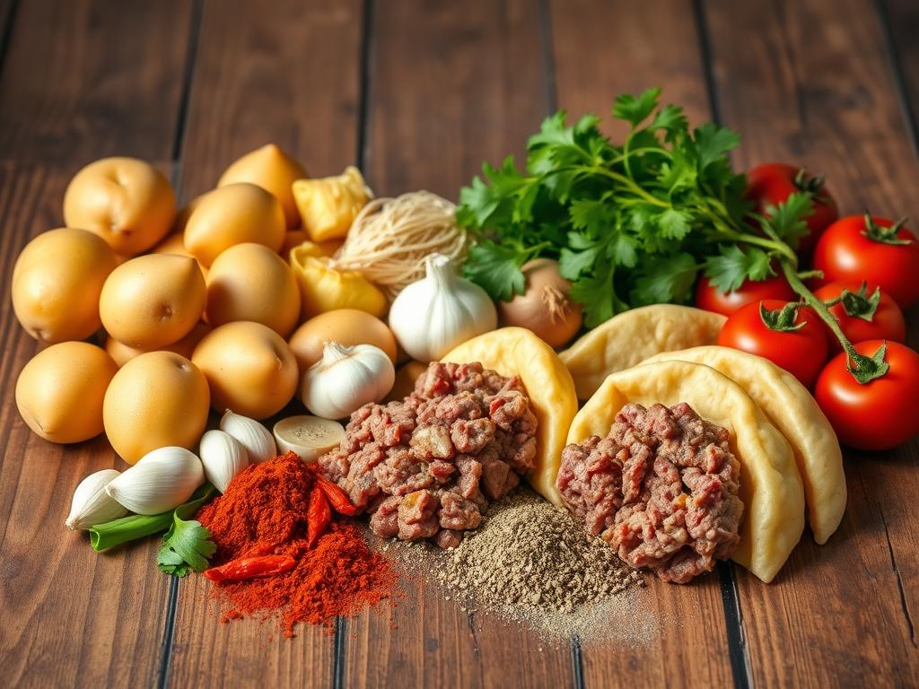 Artfully arranged Colombian empanada ingredients on a rustic wooden table. Plump potatoes, ground beef, yellow onions, garlic cloves, and a medley of fragrant spices like cumin, oregano, and paprika. A vibrant splash of red tomatoes and green cilantro leaves add pops of color. Soft lighting casts a warm, homemade glow, evoking the comforting flavors of authentic Colombian cuisine. The scene exudes a sense of culinary tradition and the promise of delicious, hand-crafted empanadas.