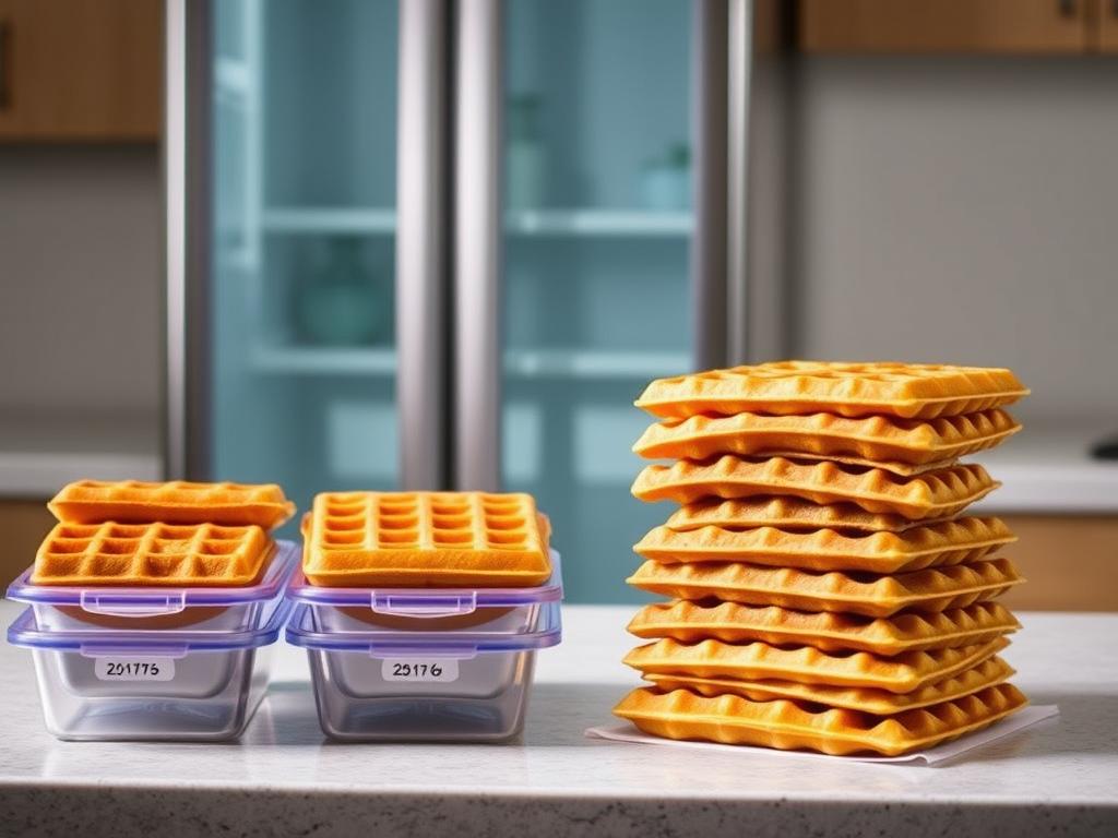 Banana Waffles Storage Tips: A neatly organized kitchen counter, with an array of freshly made banana waffles arranged in a tempting display. A glass-front refrigerator stands in the background, casting a soft, even light across the scene. The waffles are stacked in an orderly fashion, their golden-brown surface glistening under the subtle lighting. Nearby, a set of storage containers, each labeled with the date, stand ready to preserve the waffles' freshness. The overall atmosphere exudes a sense of culinary expertise and careful food preparation, inviting the viewer to consider the best ways to store and reheat these delectable breakfast treats.