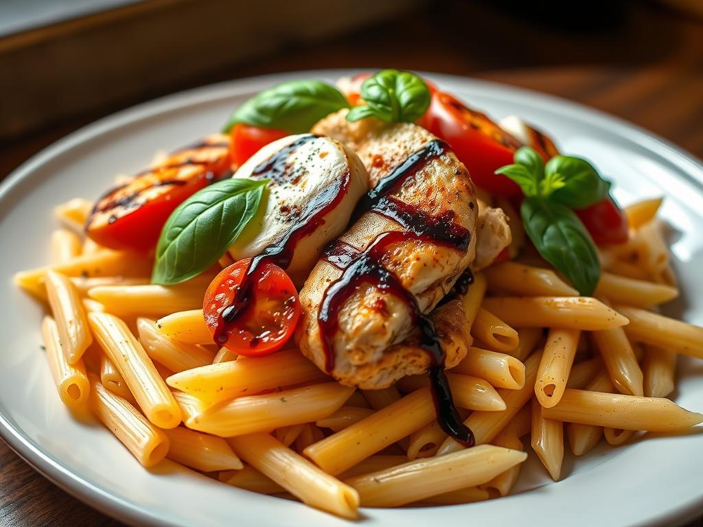 Chicken Caprese Pasta Meal Prep: A delectable arrangement of tender grilled chicken, fresh mozzarella, ripe tomatoes, and fragrant basil leaves, nestled atop a bed of al dente penne pasta. The vibrant colors and textures create a visually appealing and flavorful make-ahead meal, perfect for busy weekdays. Warm lighting illuminates the dish, casting a cozy glow and highlighting the glistening olive oil and balsamic glaze. The composition features a close-up perspective, drawing the viewer's attention to the intricate details and mouthwatering presentation. An ideal image to accompany the "Make-Ahead and Storage Guidelines" section, showcasing the convenience and deliciousness of this Italian-inspired pasta dish.