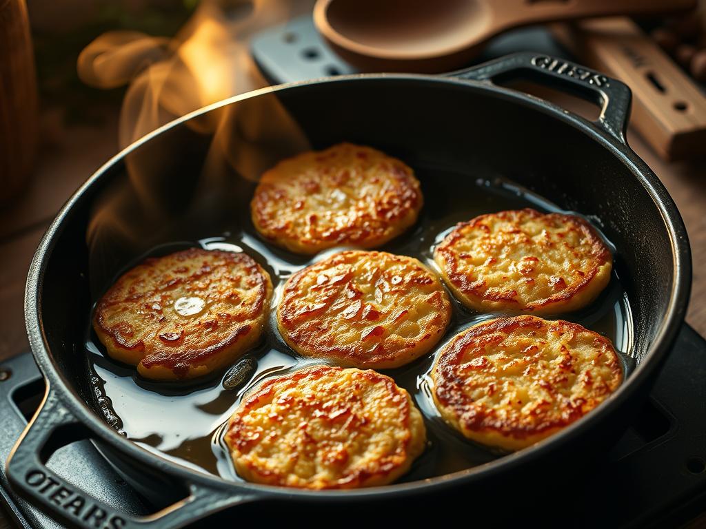 Crisp potato cakes sizzling in a vintage cast-iron skillet, bathed in warm, golden light. Glistening oil coats the surface, bubbling and spattering as the cakes cook to a delicate, lace-like crust. Wisps of steam rise, carrying the aroma of fragrant herbs and spices. The cakes, carefully formed and flattened, display an enticing, pebbled texture. A slight char around the edges hints at their perfect crispiness. The pan is positioned at a slight angle, allowing the oil to pool and caress the cakes. An old-world kitchen setting, with wooden utensils and earthy tones, creates an intimate, homespun atmosphere.