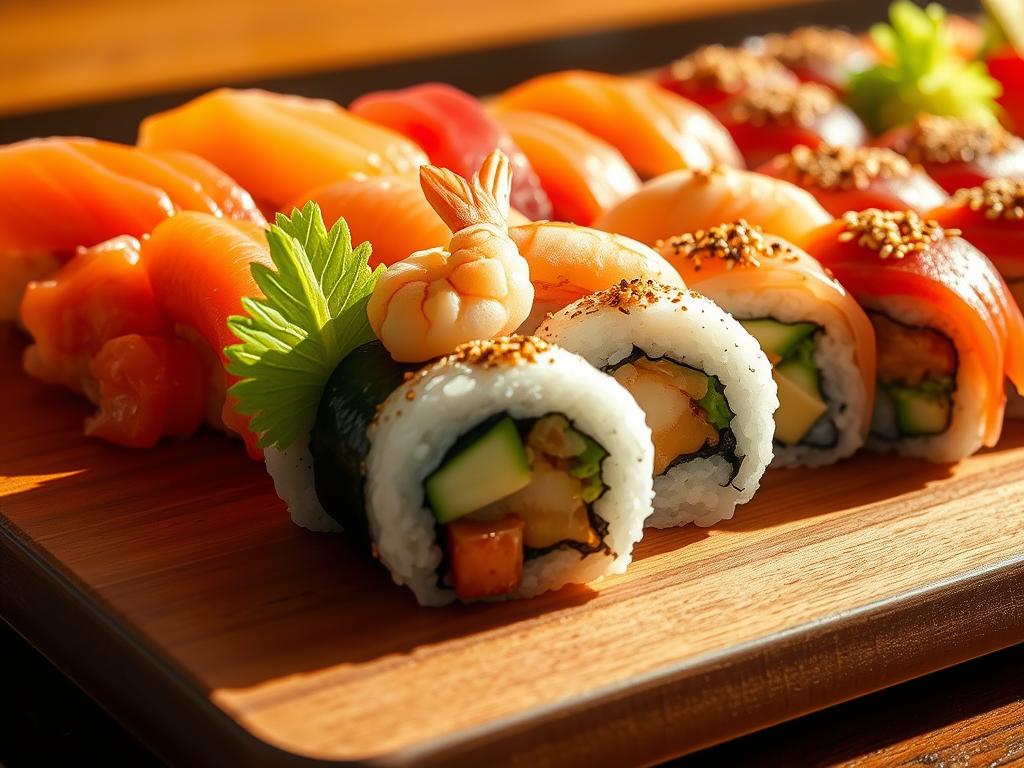 Crisp, vibrant sushi ingredients artfully arranged on a sleek wooden surface. A glistening row of sashimi-grade salmon, tuna, and yellowtail slices. Crunchy tempura shrimp and avocado nestled between rolls of sticky rice, nori, and a sprinkle of toasted sesame seeds. Bright green slices of cucumber and crisp pickled ginger add a refreshing contrast. The scene is bathed in warm, natural lighting, casting soft shadows and highlighting the textural details. Capture the essence of a traditional Japanese sushi bar, inviting the viewer to savor the authentic flavors of a perfect crunchy roll.