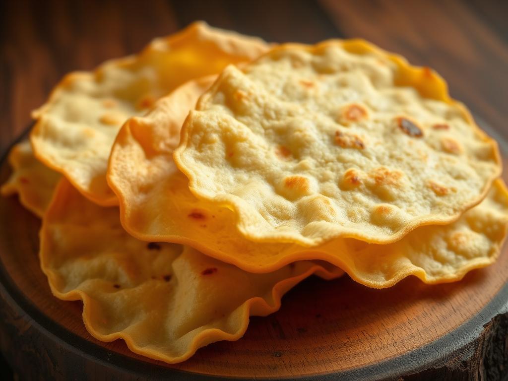 Crispy golden tortillas, freshly fried, with a delicate crunch and a light, airy texture. The tortillas are displayed on a rustic wooden surface, catching the warm, soft lighting from above. Subtle shadows highlight the intricate folds and curves of the tortillas, creating a sense of depth and dimensionality. The image has a mouthwatering, appetizing quality, inviting the viewer to imagine the savory flavors and satisfying crunch of the tortillas. The overall scene evokes the homemade, authentic feel of Mexican cuisine, setting the stage for the delicious Mexican pizza recipe to follow.