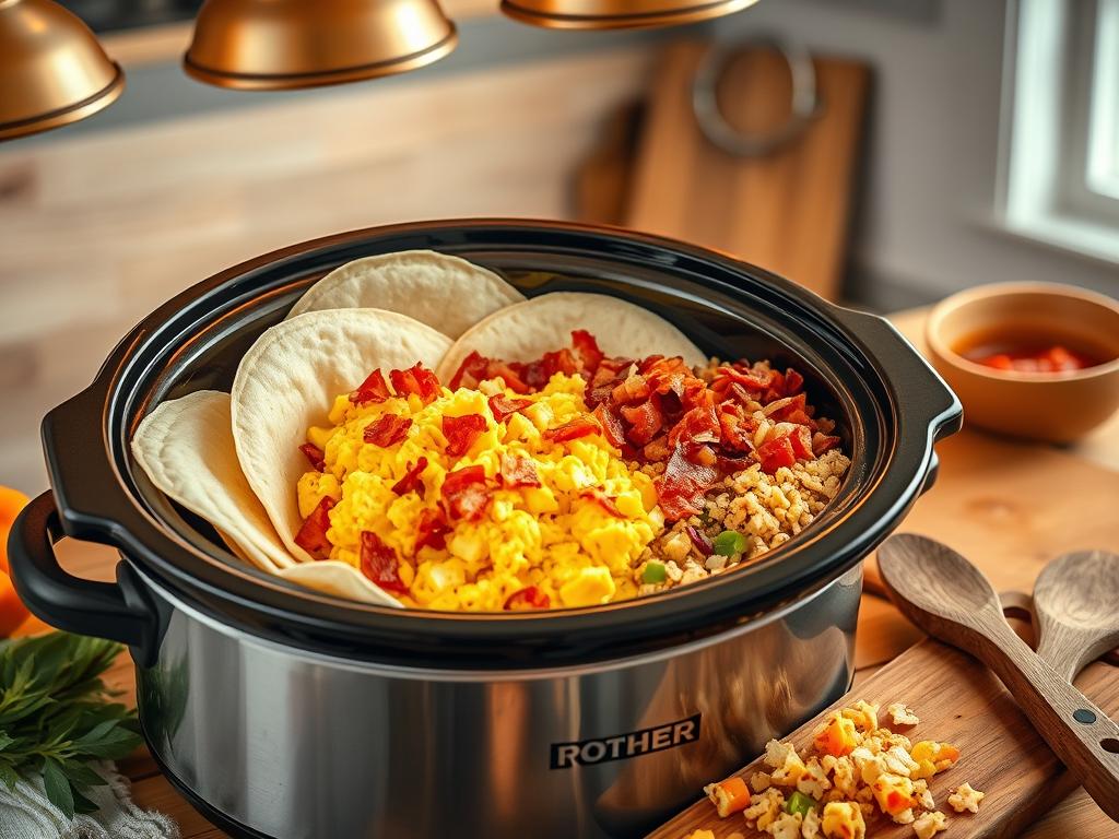 Crockpot Breakfast Burritos Preparation: A mouthwatering scene of fresh ingredients spilling out of a rustic crockpot, surrounded by a cozy kitchen counter. Soft flour tortillas, fluffy scrambled eggs, crispy bacon, fragrant hash browns, and a medley of vibrant vegetables like diced peppers and onions. Warm lighting from overhead lamps casts a golden glow, accentuating the textures and colors. Wooden utensils and a cutting board hint at the preparation process, while a simple, farmhouse-inspired setting suggests a relaxed, homemade vibe. The overall mood is one of wholesome, comforting ease - the perfect recipe for a hassle-free morning meal.