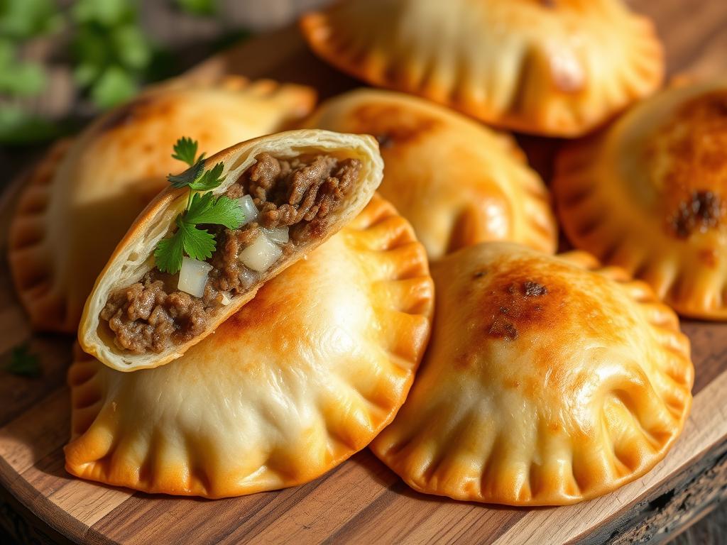 Delectable Colombian empanadas, freshly fried with crisp golden exteriors, nestled on a rustic wooden board. Savory fillings of seasoned ground beef, aromatic cilantro, and tangy cheese ooze out from the flaky pastry pockets. Soft natural lighting illuminates the dish, casting warm shadows and highlighting the intricate folds. The empanadas are arranged in a visually appealing manner, allowing each individual piece to be admired. The overall scene evokes a homemade, artisanal quality, inviting the viewer to imagine the care and attention that went into their preparation.