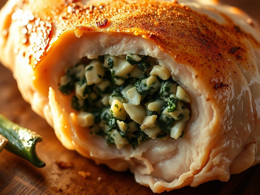 Detailed close-up photograph of a chicken breast that has been carefully sliced open to form a pocket, ready to be filled with a savory spinach and artichoke stuffing. The chicken is lit from the side, casting warm shadows that accentuate the tender, juicy texture of the meat. The image is shot at a low angle using a macro lens to highlight the intricate details of the pocket and the filling ingredients. The background is blurred, keeping the focus entirely on the stuffed chicken breast and its mouthwatering presentation.