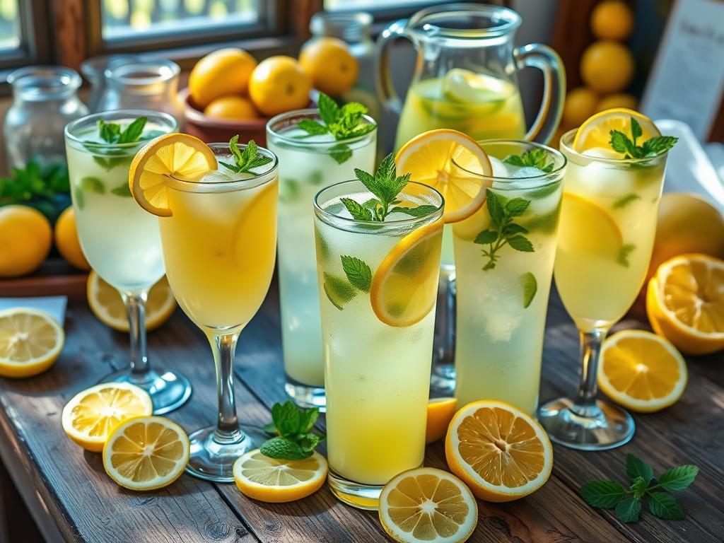 Lush, vibrant lemon slices, an array of refreshing lemonade variations presented on a rustic wooden table. Tall glasses filled with perfectly balanced citrus elixirs, garnished with fresh mint sprigs and lemon wedges. Sunlight filters through the scene, casting a warm, golden glow. In the background, an assortment of glass pitchers, lemons, and recipe cards create a visually appealing composition. A sense of summertime delight and the inviting aroma of homemade lemonade permeate the frame. The image captures the essence of "Mastering the best lemonade recipes" for a delightful summer refreshment.