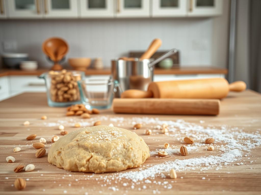 Peanut almond dough instruction - a high-resolution, detailed image showcasing the step-by-step process of creating a homemade peanut almond cookie dough. The foreground features a clean, wooden surface with freshly kneaded dough, accented by scattered peanuts and almond slivers. The middle ground displays measurement cups, a rolling pin, and other baking utensils, all evenly lit from a soft, diffused natural light source. The background subtly fades into a minimalist kitchen setting, with hints of white cabinetry and a neutral color palette, creating a serene, appetizing atmosphere. Captured with a high-quality DSLR camera, this image aims to guide the viewer through the hands-on experience of preparing a nourishing breakfast cookie dough.