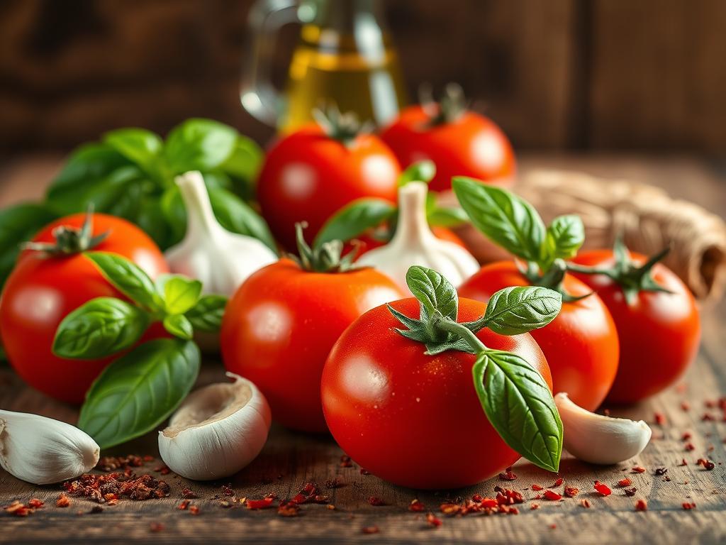 A beautifully lit tabletop scene showcasing the essential ingredients for an authentic Italian marinara sauce. In the foreground, vibrant red tomatoes, freshly crushed garlic cloves, and fragrant basil leaves are arranged with care. In the middle ground, a drizzle of high-quality olive oil and a sprinkling of dried oregano and crushed red pepper flakes add depth and complexity. The background features a rustic wooden surface, perhaps a kitchen counter or table, with a subtle vignette effect to draw the eye inward. The overall composition exudes the warmth, simplicity, and quality of ingredients that define a classic marinara.