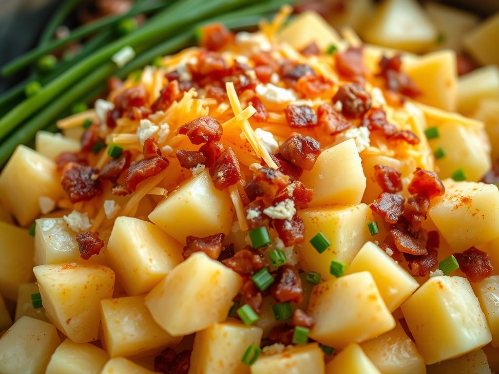 A bountiful arrangement of creamy, golden-hued potato chunks, shredded cheddar cheese, and crumbled bacon, all nestled atop a backdrop of fresh chives and a sprinkle of paprika. The ingredients are bathed in a warm, soft lighting, creating a comforting and inviting scene. The camera angle is slightly elevated, showcasing the layers of flavors and textures that make up this classic, soul-soothing casserole dish. The overall mood is one of homely abundance, hinting at the rich, indulgent experience that awaits in the "Funeral Potatoes" recipe.