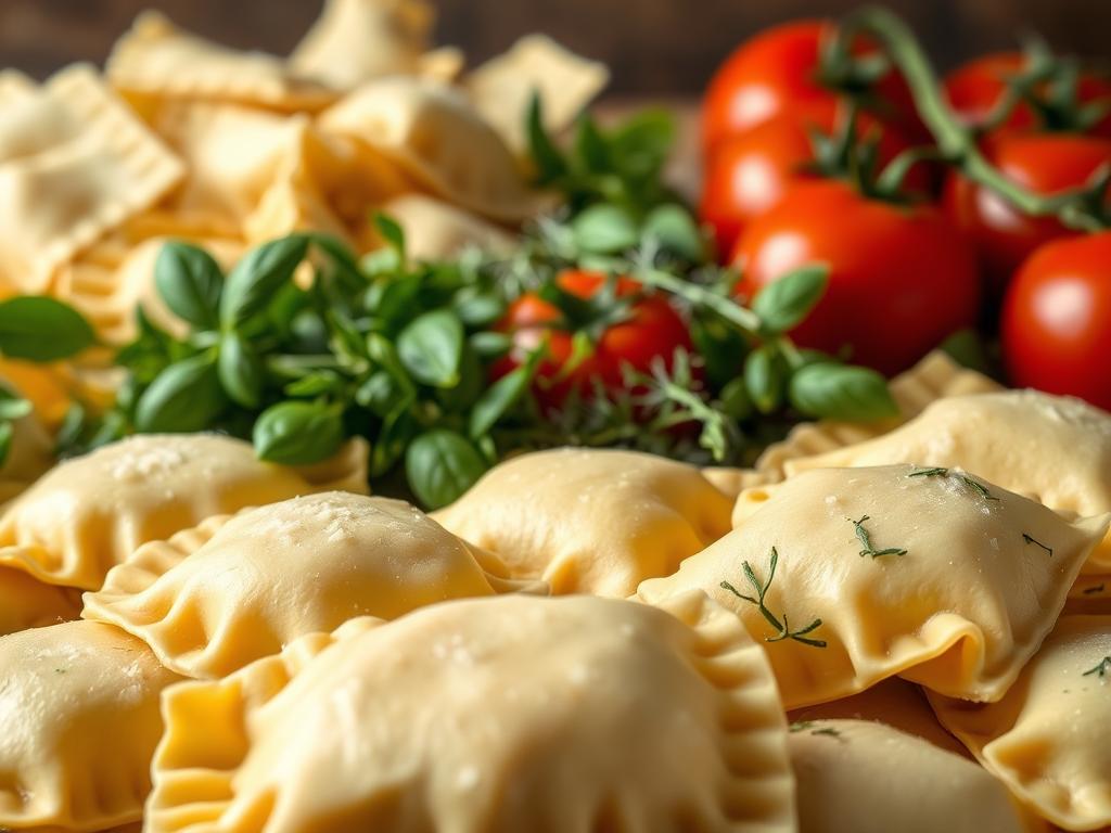 A bountiful arrangement of freshly made cheese ravioli ingredients, expertly lit from above with soft, diffused lighting to accentuate their natural textures and colors. In the foreground, plump ravioli pillows filled with creamy ricotta and parmesan cheeses, their delicate pasta skins glistening. In the middle ground, a scattering of aromatic herbs like basil and oregano, their vibrant green hues complementing the off-white of the cheese. In the background, a subtle backdrop of tomatoes, their deep red hues adding a pop of color and a hint of the classic tomato sauce to come. The overall mood is one of rustic elegance, inviting the viewer to imagine the comforting flavors and satisfying textures of this essential cheese ravioli dish.