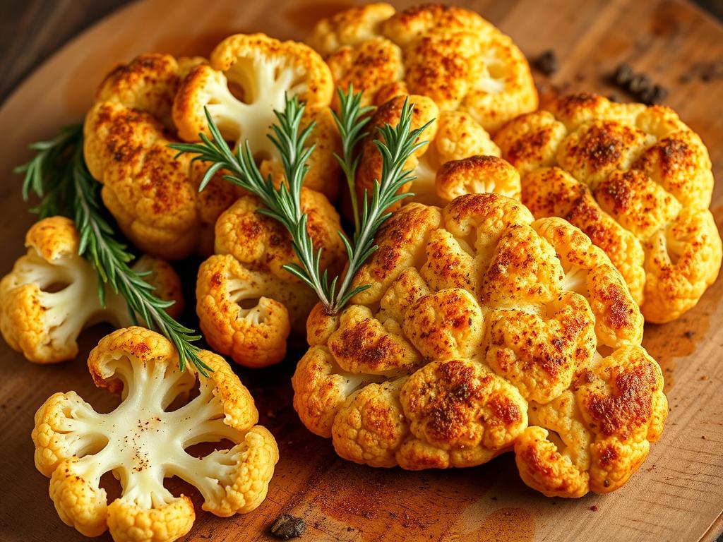 A bountiful arrangement of seasoned cauliflower steaks, positioned elegantly on a rustic wooden surface. The thick, golden-brown florets glisten under the warm, soft lighting, their surfaces lightly textured with a blend of aromatic spices. Sprigs of fresh thyme and rosemary add a verdant contrast, complementing the earthy tones of the cauliflower. The overall composition evokes a sense of homemade, wholesome nourishment, inviting the viewer to imagine the tender, flavorful result of this simple yet satisfying culinary preparation.