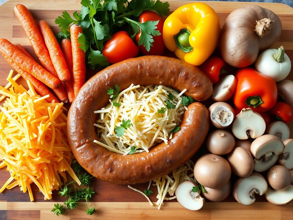 A bountiful arrangement of vegan sausage, shredded vegan cheese, and an array of fresh vegetables - carrots, bell peppers, onions, and mushrooms - sits atop a wooden cutting board. The lighting is soft and natural, accentuating the vibrant colors and textures of the ingredients. The composition is balanced, with the sausage and cheese taking center stage, surrounded by the supporting cast of veggies. The overall mood is one of culinary abundance and anticipation, hinting at the delicious vegan breakfast casserole to come.