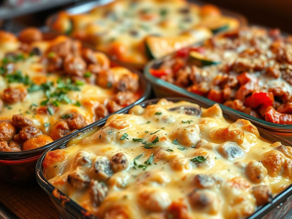 A bountiful array of savory casserole variations, each brimming with unique flavors and textures. In the foreground, a classic creamy chicken casserole, its golden crust encasing a medley of tender chicken, mushrooms, and aromatic herbs. Beside it, a hearty beef and vegetable casserole, its rich tomato-based sauce complemented by a sprinkle of melted cheese. In the background, a vegetarian delight, a vibrant casserole of roasted bell peppers, zucchini, and caramelized onions, blanketed in a creamy bechamel sauce. Soft, warm lighting illuminates the scene, highlighting the inviting appearance of these versatile and mouthwatering casserole creations.
