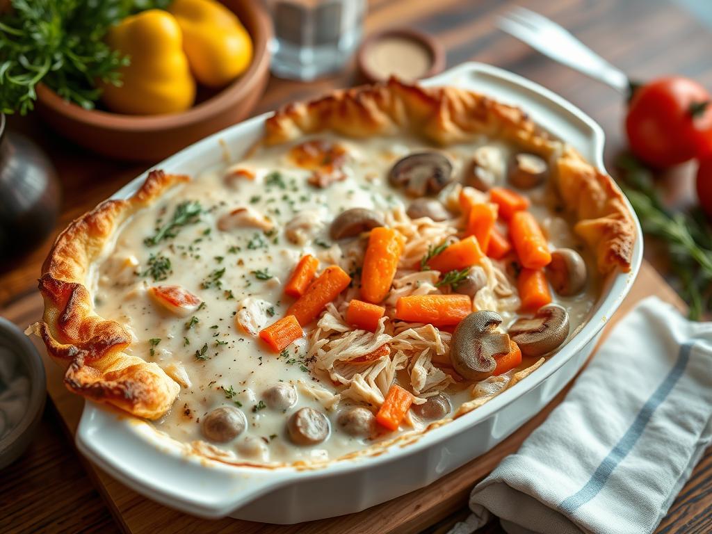 A bountiful casserole dish, its surface adorned with a golden-brown crust, sits atop a wooden table. Vibrant vegetables - tender carrots, plump mushrooms, and fragrant onions - peek out from the creamy sauce, promising a flavor-packed experience. Herbs and spices, carefully selected, add depth and complexity to the dish. Soft, shredded chicken nestled within the casserole, providing a comforting, protein-rich base. Warm lighting casts a cozy glow, evoking a sense of homemade goodness. The composition is balanced, with the casserole as the central focus, surrounded by complementary props that suggest a well-curated kitchen setting. An inviting, mouthwatering scene that captures the essence of a delectable, homemade casserole.