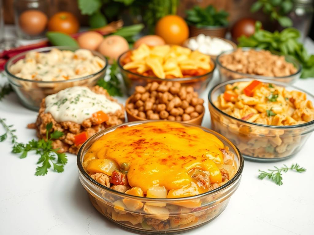 A bountiful selection of creative casserole variations, each a delightful fusion of flavors and textures. In the foreground, a hearty chicken and vegetable casserole, its golden-brown surface glistening under the warm, soft lighting. Surrounding it, an array of flavorful alternatives - a zesty Mexican-inspired casserole with spicy chorizo, a comforting vegetarian option brimming with roasted root vegetables, and a classic tuna noodle casserole with a crisp, buttery topping. In the background, a collection of fresh herbs, spices, and other ingredients that can be used to customize and elevate these casserole dishes. The overall scene exudes a cozy, homey atmosphere, inviting the viewer to explore the boundless possibilities of this versatile and satisfying culinary staple.