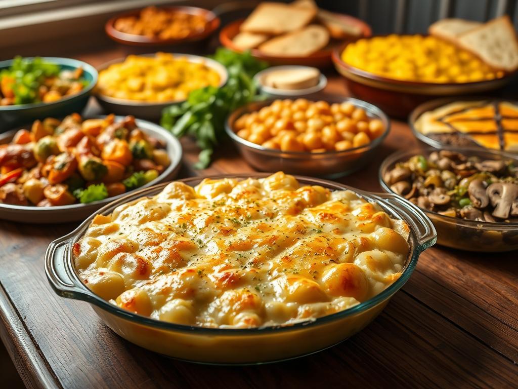 A bountiful spread of customizable potato casserole variations, artfully arranged on a rustic wooden table. In the foreground, a creamy, cheesy potato gratin with a golden, bubbly crust beckons. Surrounding it, an array of delectable options - a vibrant broccoli and cheddar casserole, a hearty shepherd's pie with a fluffy mashed potato topping, and a fragrant green bean and mushroom-laced potato bake. The midground features complementary side dishes, such as a fresh green salad and warm, crusty bread. Soft, diffused lighting casts a cozy, inviting glow, capturing the comforting essence of this soul-nourishing cuisine. The overall scene exudes a welcoming, homespun atmosphere, perfect for showcasing the creative variations and serving suggestions of this beloved funeral potato dish.