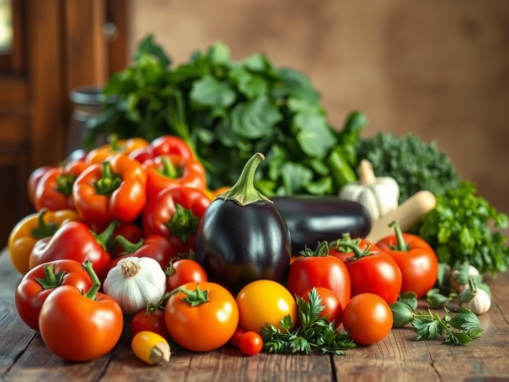 A bountiful still-life arrangement showcasing a selection of fresh, vibrant vegetables and ingredients on a rustic wooden table. In the foreground, a mix of colorful bell peppers, plump tomatoes, and a whole, unblemished eggplant take center stage, illuminated by natural, warm-toned lighting from a window to the side. The middle ground features bunches of leafy greens, a bulb of garlic, and a handful of aromatic herbs, while the background subtly fades into a softly blurred, textured backdrop, creating a sense of depth and focus on the culinary essentials. The overall scene exudes a homey, inviting atmosphere, perfectly capturing the essence of the "Ingredients & Preparation Essentials" section for the Eggplant Casserole Recipe.