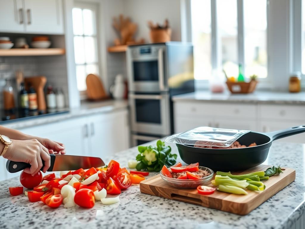 A bright, airy kitchen with natural lighting streaming in through large windows. On a clean, granite countertop, a chef's hands are deftly chopping fresh vegetables - tomatoes, onions, and bell peppers - into evenly-sized pieces, ready to be sautéed. Nearby, a wooden cutting board holds a package of ground beef, waiting to be browned in a cast-iron skillet. The countertop is adorned with a selection of spices, herbs, and seasonings, hinting at the flavorful taco seasoning soon to be mixed in. In the background, a preheated oven stands ready, its door ajar, anticipating the casserole dish to be assembled and baked to perfection.
