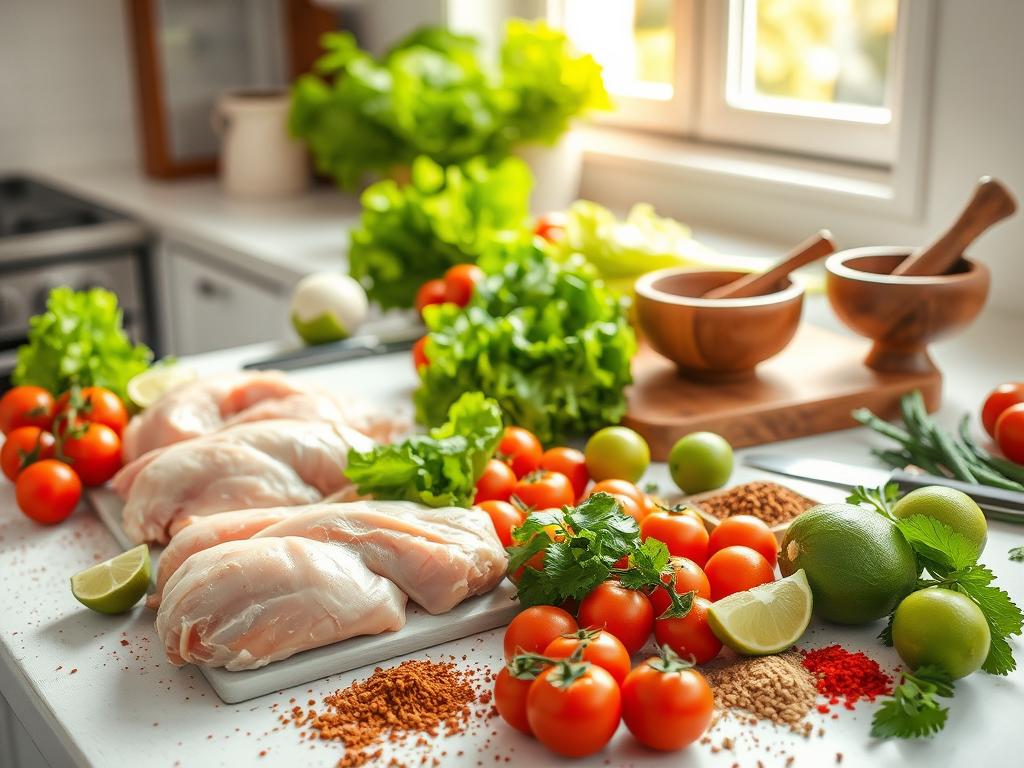 A bright and airy kitchen counter, the surface strewn with an array of fresh ingredients. Foreground: juicy chicken breasts, vibrant tomatoes, crisp lettuce, tangy lime wedges, and a medley of fragrant spices. Midground: a sturdy wooden cutting board, sharp knives, and a classic mortar and pestle, ready to transform the raw materials into a flavorful feast. Background: soft natural light filters in through a nearby window, casting a warm glow over the scene. The overall mood is one of culinary anticipation, inviting the viewer to imagine the delicious taco casserole soon to be assembled.