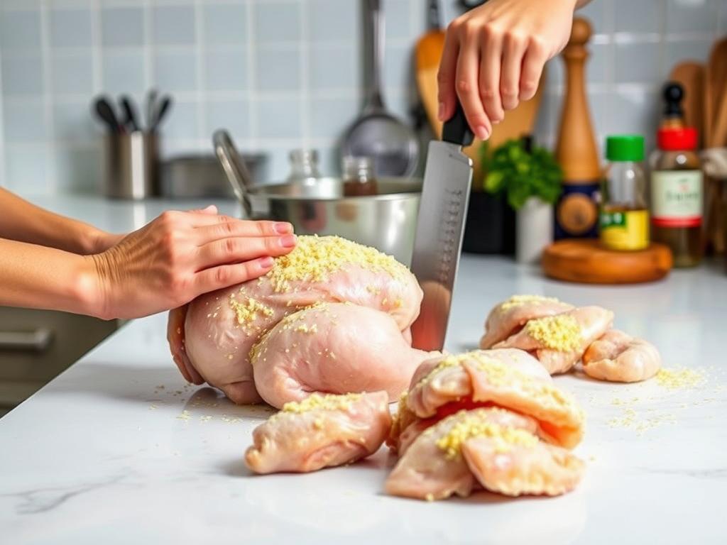 A bright and well-lit kitchen counter, with a whole raw chicken placed prominently in the center. In the foreground, hands carefully wash and pat the chicken dry, while in the middle ground, a chef's knife deftly cuts the chicken into pieces. In the background, various cooking utensils and seasonings are neatly arranged, suggesting the next steps in the preparation process. The image conveys a sense of focus, cleanliness, and attention to detail, perfectly capturing the "Step-by-Step Preparation Process" for the Parmesan Crusted Chicken recipe.