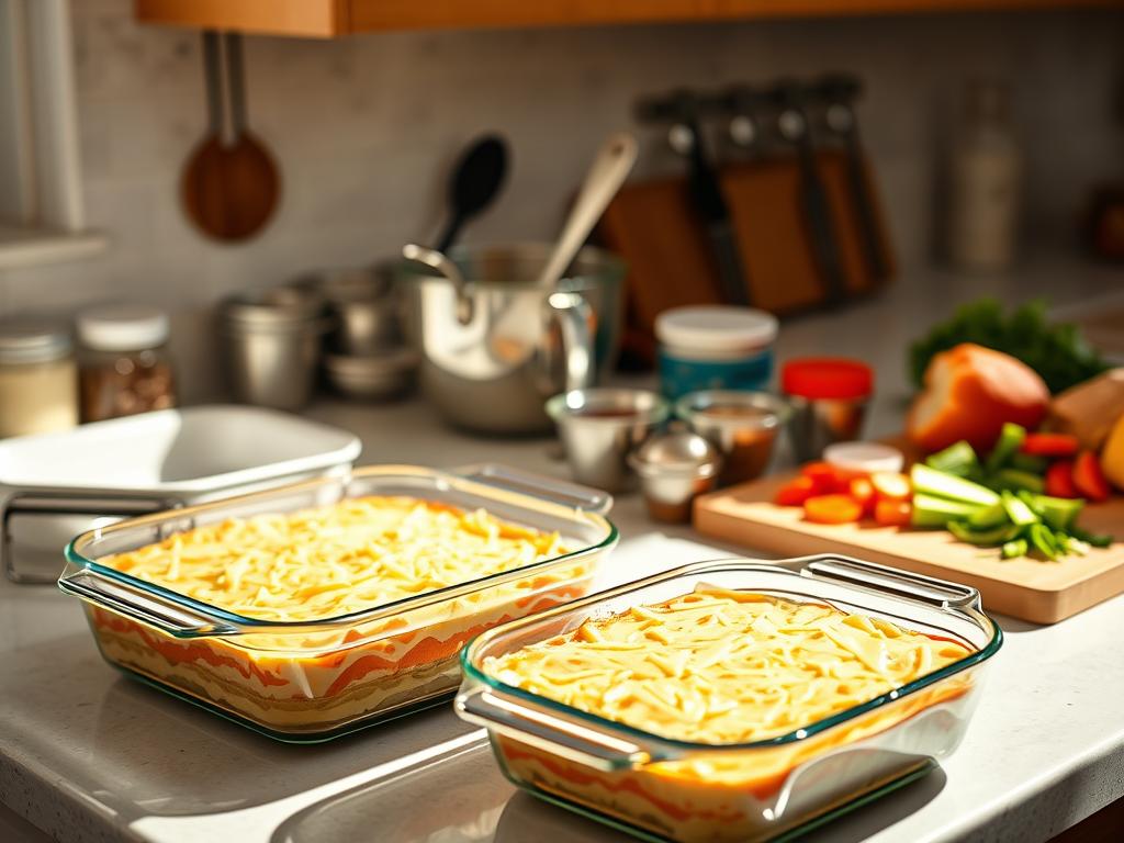 A bright, well-lit kitchen countertop, with various cooking utensils and ingredients neatly arranged. In the foreground, a casserole dish sits, filled with layers of creamy, cheesy goodness. To the side, a cutting board displays sliced vegetables, ready to be added. The middle ground features a mixing bowl, spoons, and measuring cups, hinting at the step-by-step process of assembling the casserole. Warm, natural lighting casts a cozy glow, inviting the viewer to imagine the aroma and flavor of this comforting, homemade dish. The overall scene conveys a sense of culinary expertise and attention to detail, perfectly capturing the essence of "How to Make Million Dollar Casserole".