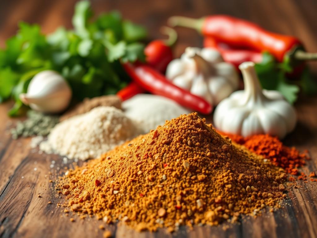 A close-up, high-resolution photograph of various taco seasoning ingredients arranged on a rustic wooden surface. In the foreground, a pile of ground cumin, chili powder, garlic powder, onion powder, oregano, and paprika. In the middle ground, whole dried chili peppers, whole cloves of garlic, and a bundle of fresh cilantro. The background is softly blurred, emphasizing the textures and colors of the spices. Warm, natural lighting casts gentle shadows, creating depth and dimension. The image conveys the complex, aromatic flavors essential for crafting an authentic taco seasoning blend.