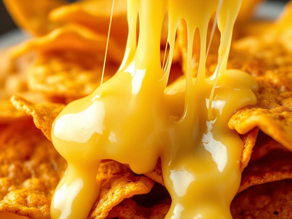 A close-up of gooey, melted cheese oozing over the edges of golden-brown, crispy tortilla chips. The cheese is perfectly stringy and pulls apart effortlessly, with a smooth, creamy texture that glistens under the warm, directional lighting. The chips are arranged in an appetizing display, tilted at a slight angle to showcase the cheese's decadent drip. The overall scene evokes a comforting, mouth-watering appeal, inviting the viewer to imagine the satisfying crunch and savory flavors of this irresistible cheesy melt.