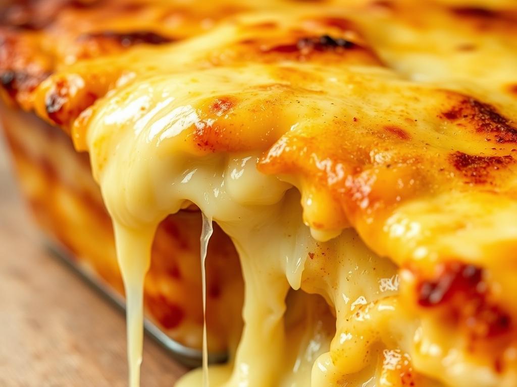 A close-up photograph of a perfectly melted cheese, cascading down the side of a golden-brown, crispy-edged baked casserole dish. The cheese is gooey, stringy, and has a glossy, almost molten appearance, with just the right balance of browning and bubbling. The lighting is soft and natural, creating warm highlights and shadows that accentuate the textural details of the cheese. The camera angle is slightly elevated, providing a clear, unobstructed view of the cheese melt, set against a simple, neutral background that allows the cheese to be the undisputed star of the image.