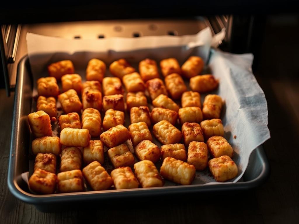 A close-up shot of a baking tray filled with freshly baked, golden-brown tater tots. The tater tots are arranged in a neat, even pattern, their crisp exteriors reflecting the warm glow of the oven's interior. The tray is placed on a rustic wooden surface, with a subtle vignette effect creating a cozy, homemade atmosphere. Soft, diffused lighting from above casts gentle shadows, highlighting the tater tots' texture and inviting the viewer to imagine the satisfying crunch and fluffy interior. The overall composition and lighting evoke a sense of comfort and culinary delight, perfectly capturing the essence of the "Step-by-Step Recipe Guide" for "Crispy Loaded Tater Tots: The Ultimate Treat."