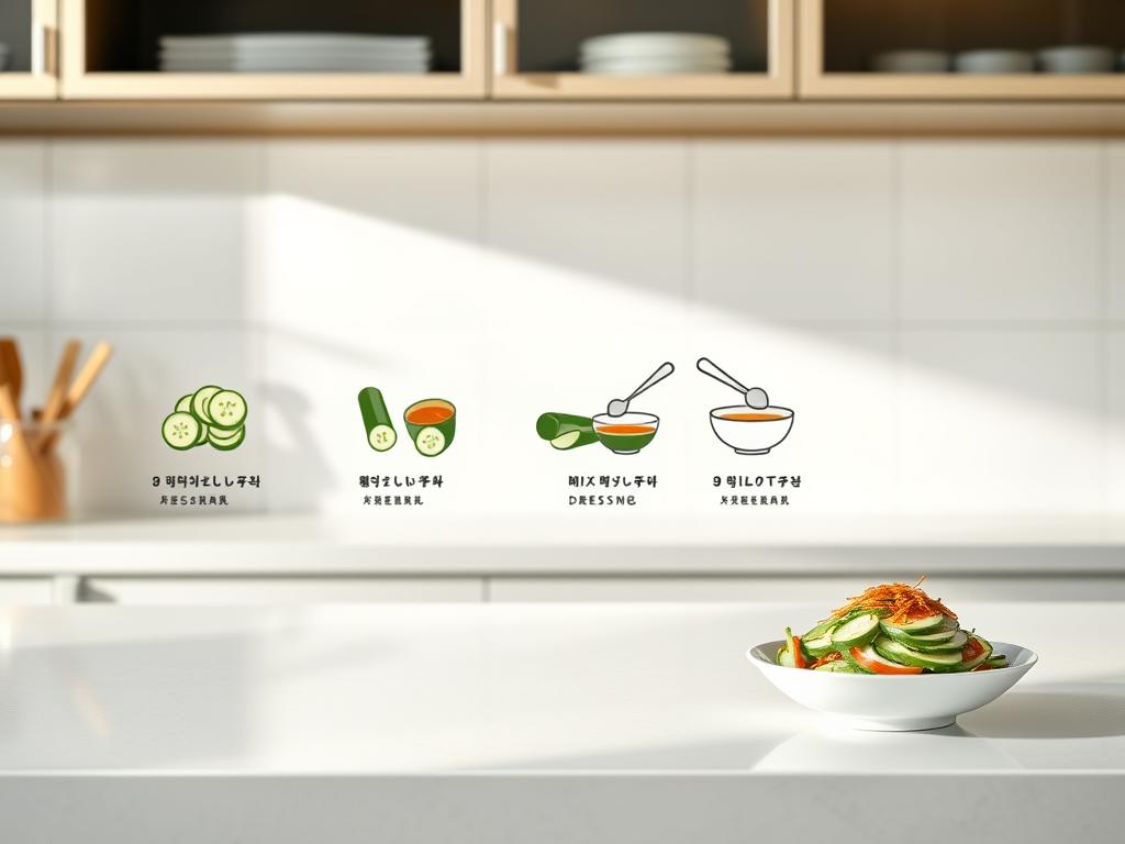A close-up shot of a clean, brightly lit kitchen counter with a series of simple, minimalist illustrations demonstrating the key steps for preparing a Korean cucumber salad. The illustrations should be in a playful, hand-drawn style, using a limited color palette of greens, whites, and touches of red to match the subject. The steps should flow naturally from left to right, with clear, easy-to-follow visuals for slicing cucumbers, mixing the dressing, and garnishing the final dish. The overall mood should be fresh, appetizing, and inviting, encouraging the viewer to recreate this delicious and healthy recipe.