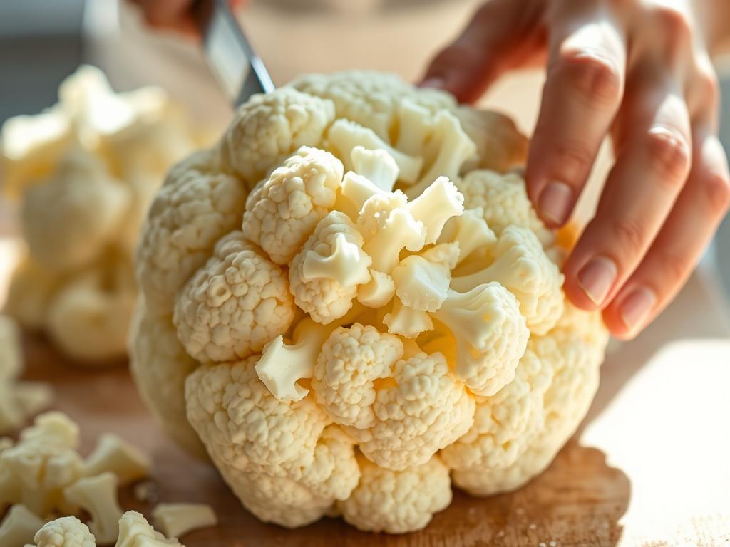 A close-up shot of a fresh, organic cauliflower head being carefully prepared for cooking. The florets are being meticulously separated from the core, revealing their intricate, creamy-white texture. Bright natural lighting illuminates the scene, casting gentle shadows that highlight the vegetable's delicate structure. The hands gently handling the cauliflower are in focus, conveying a sense of precision and care in the preparation process. The background is softly blurred, keeping the viewer's attention solely on the task at hand. This image captures the essence of the "Prepping the Cauliflower" section, showcasing the importance of properly preparing the ingredient for a satisfying cauliflower steak dish.
