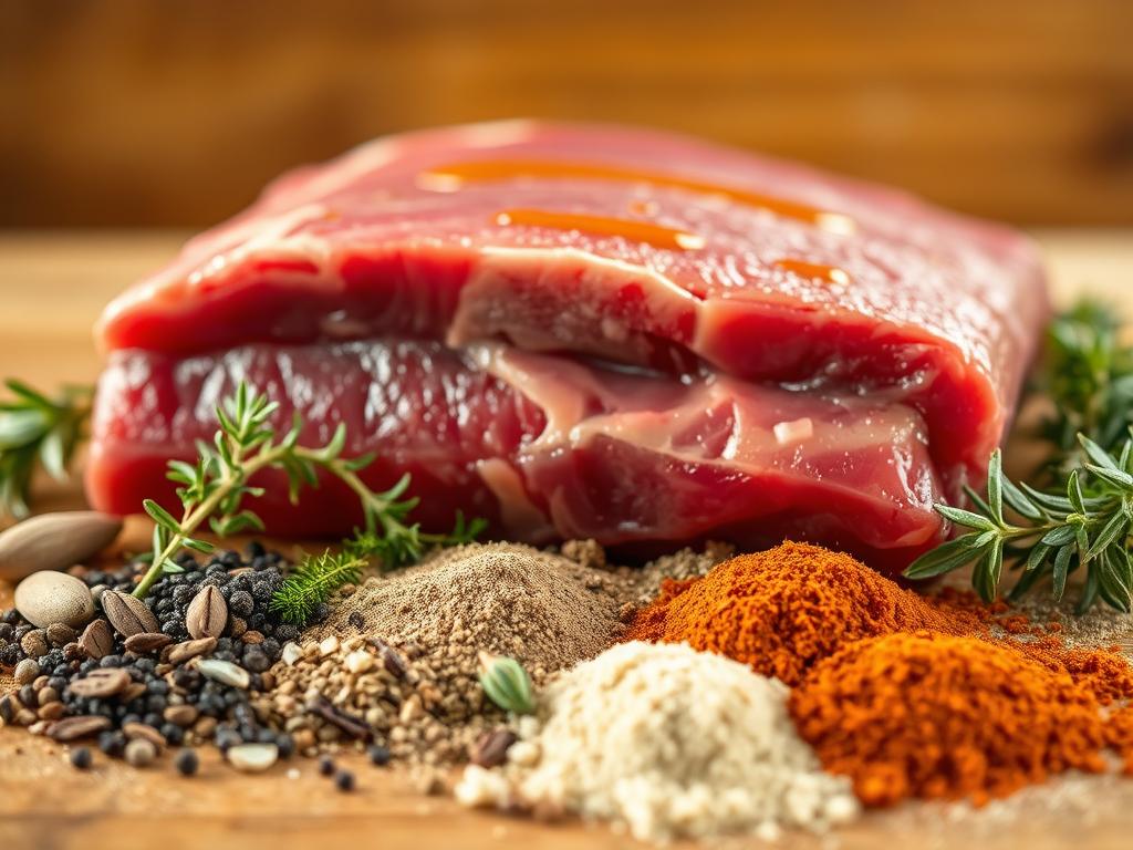A close-up shot of a variety of fragrant spices and herbs used for seasoning tender oven-baked beef ribs. The foreground showcases an assortment of dried herbs like rosemary, thyme, oregano, and bay leaves, along with ground spices like black pepper, garlic powder, onion powder, and smoked paprika. The middle ground features a large slab of raw beef ribs, the meat glistening with a light coating of olive oil. The background is softly blurred, creating a sense of depth and focus on the seasoning ingredients. The lighting is warm and natural, accentuating the earthy tones of the spices and the rich red hue of the meat. The overall composition conveys the artful craft of mastering the perfect seasoning blend for tender, juicy oven-baked beef ribs.
