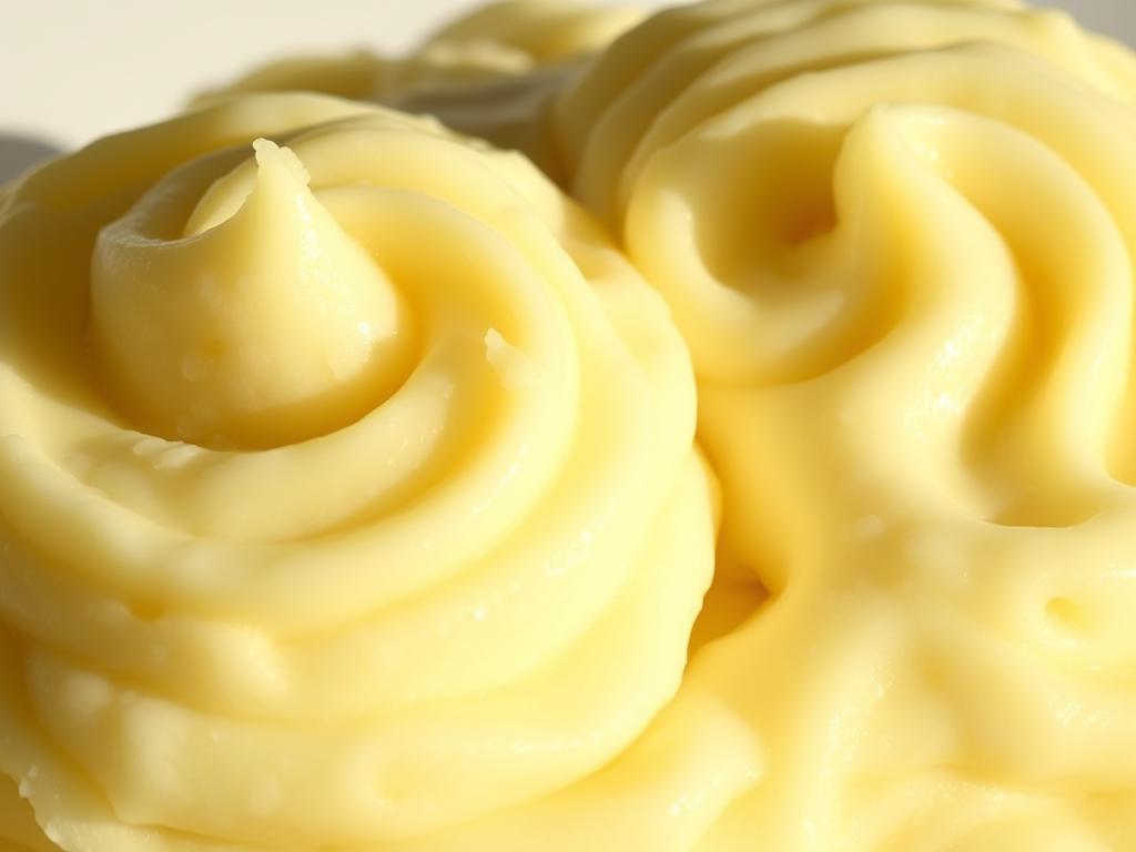 A close-up shot of two smooth, creamy mashed potatoes, glistening with a soft, buttery sheen. The texture appears silky and inviting, with delicate swirls and peaks that hint at the fluffy, airy interior. Lit from the side, casting long shadows and highlights that accentuate the luxurious, pillowy appearance. The background is a simple, neutral tone, allowing the potatoes to be the sole focus of the image, showcasing the tips for achieving the perfect, creamy and fluffy mashed potato texture.