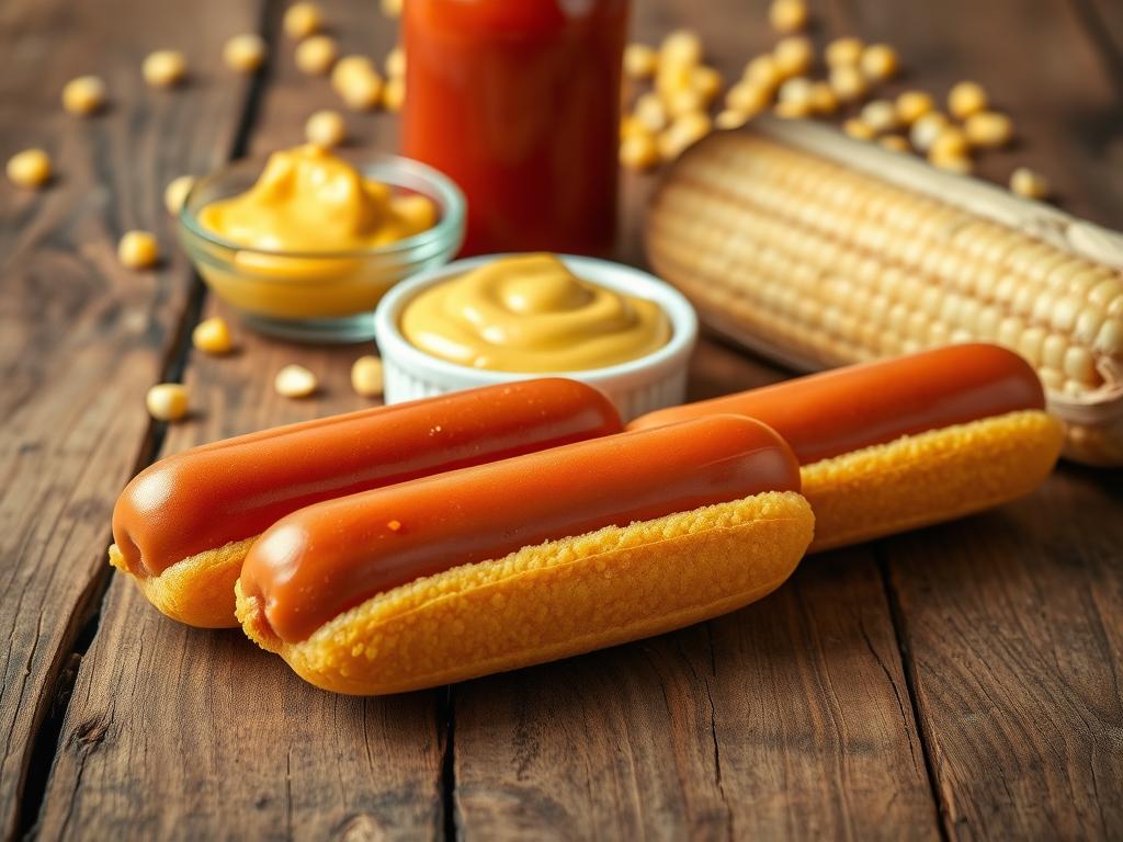 A close-up view of a rustic wooden surface, showcasing the key ingredients for homemade corn dogs. In the foreground, plump hot dogs sit nestled in a bed of golden cornmeal batter, their crisp exteriors glistening under the warm, natural lighting. In the middle ground, a bowl of thick, creamy mustard and a jar of tangy ketchup stand ready to complement the savory flavors. The background features a scattering of whole corn kernels, adding a touch of texture and a nod to the dish's origins. The overall composition conveys a sense of homemade charm and the comforting essence of a classic fair food favorite.