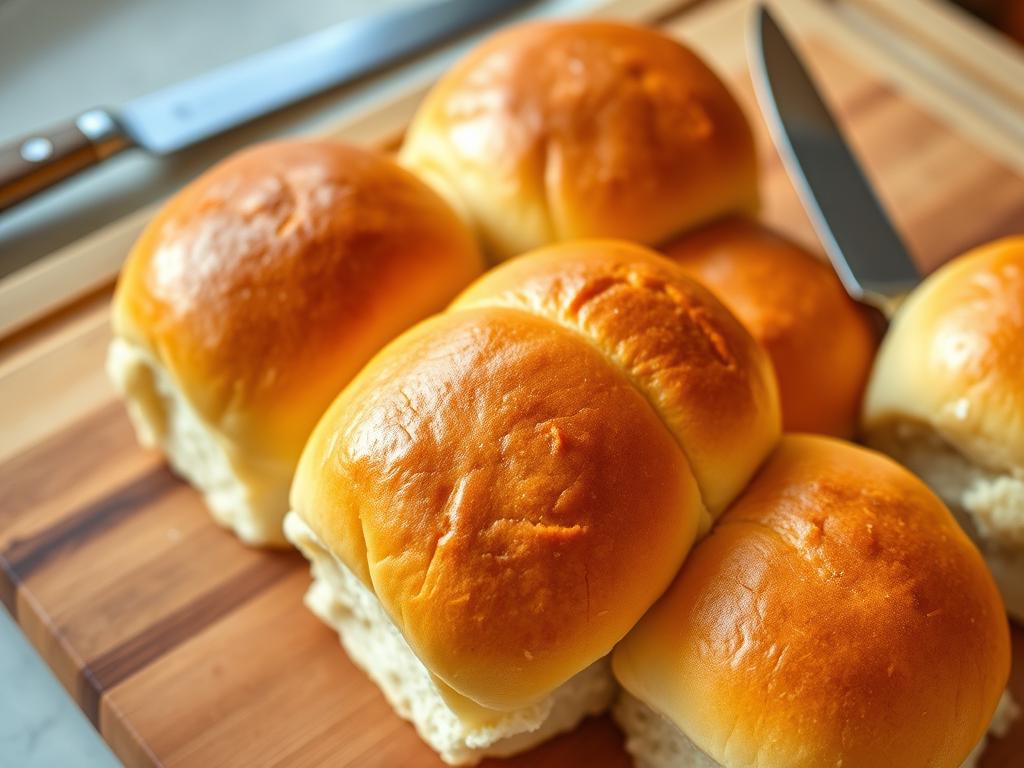 A close-up view of freshly baked Hawaiian rolls on a wooden cutting board, with a knife and butter knife nearby. The golden-brown rolls are arranged in a fan shape, their soft, pillowy texture inviting touch. Warm, soft lighting highlights the delicate surface of the bread, casting gentle shadows that accentuate the rolls' delicate folds. The scene exudes a cozy, homemade atmosphere, perfect for assembling the meatball sliders described in the article.