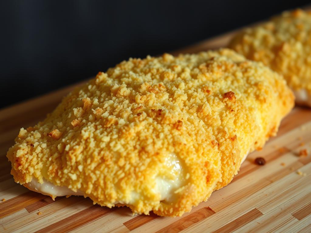 A close-up view of freshly cooked, golden-brown parmesan crusted chicken, its crispy surface glistening under soft, even lighting. The chicken is positioned on a wooden cutting board, showcasing the uniform coating technique that has produced a perfectly even, crunchy texture. The lighting casts subtle shadows, highlighting the intricate patterns of the breading. The camera angle is slightly elevated, providing a detailed perspective of the chicken's surface and the care taken in its preparation. The overall mood is one of culinary mastery, inviting the viewer to appreciate the artistry and techniques involved in creating this mouthwatering parmesan crusted chicken dish.