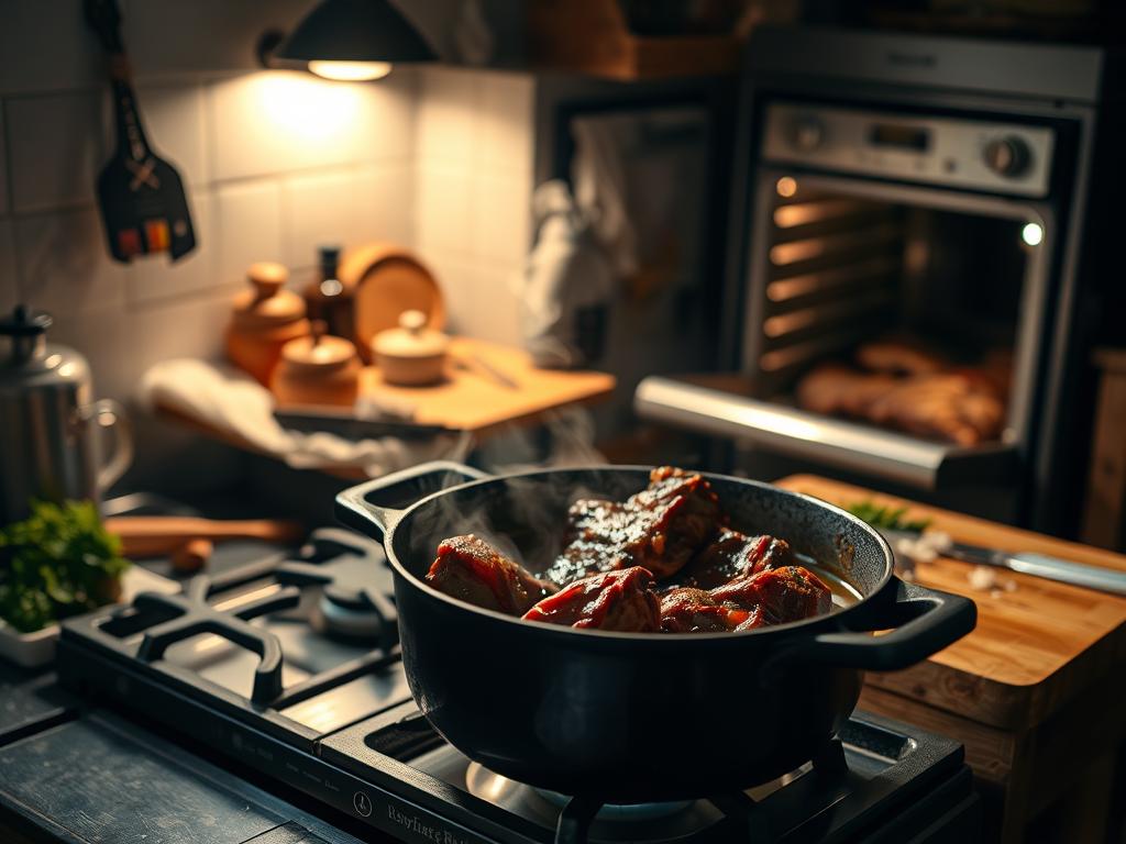 A cozy kitchen scene, dimly lit with soft, warm lighting. In the foreground, a large, heavy-duty cast iron pot slowly simmers on a classic gas stovetop, wisps of steam gently rising. The pot's contents reveal the low and slow cooking process - tender, juicy beef ribs, simmering in a rich, savory sauce. The middle ground features a wooden cutting board with fresh herbs, spices, and other cooking essentials, hinting at the flavorful preparation. In the background, a vintage oven door stands open, revealing the glow of the oven's interior, suggesting the ribs have been slowly roasted to perfection. The overall atmosphere conveys the patience and care required for this traditional cooking method.