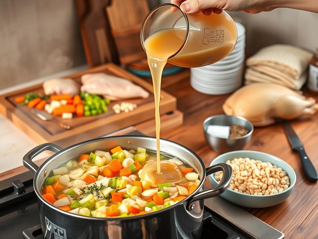 A cozy kitchen scene showcasing the step-by-step process of preparing a hearty white bean chicken soup. In the foreground, chopped vegetables - carrots, celery, onions - are being sautéed in a large pot on a stove, their warm aroma filling the air. Behind them, a cutting board displays freshly minced garlic and herbs. In the middle ground, a hand carefully pours chicken broth into the pot, steam rising gently. In the background, a wooden table holds a stack of white beans, a whole roasted chicken, and a selection of seasonings. Warm, indirect lighting casts a comforting glow, enhancing the inviting atmosphere. The overall scene captures the methodical yet satisfying process of crafting this nourishing, flavorful soup.