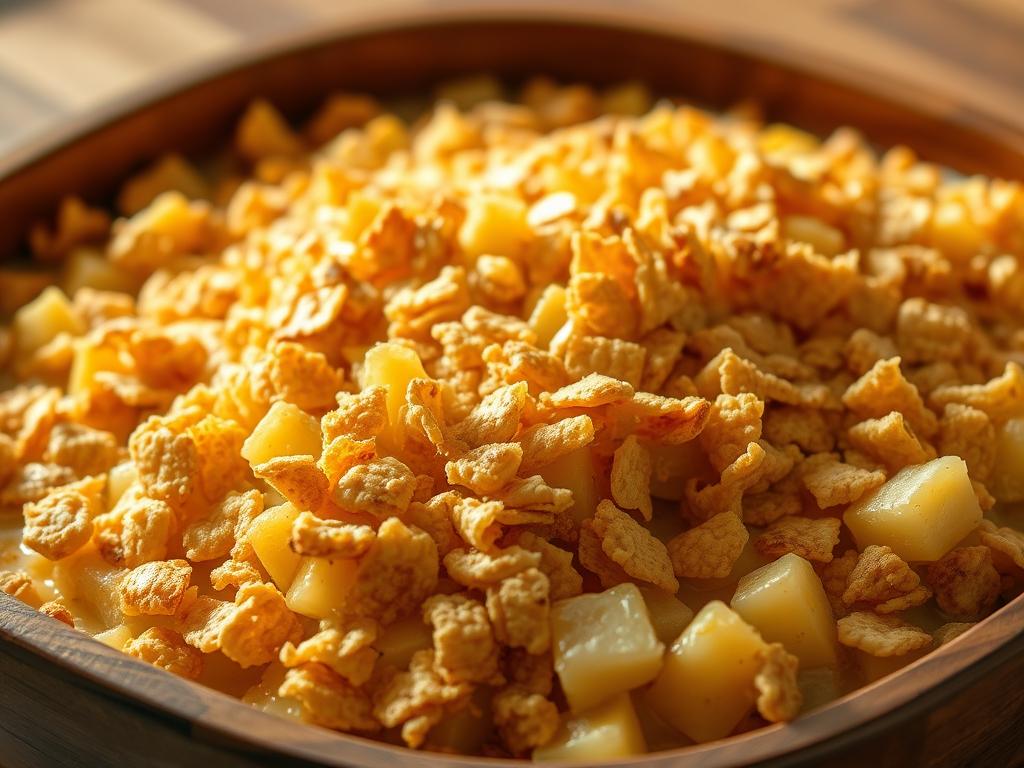 A crisp, golden-brown cornflake topping cascades over a creamy, cheesy potato casserole, illuminated by warm, natural lighting. The casserole's surface glistens, inviting a closer look at the flecks of cheddar cheese and tender potato cubes beneath the crunchy topping. The composition is framed by a rustic, wooden baking dish, conveying a comforting, homemade aesthetic. The image exudes a cozy, inviting atmosphere, perfectly capturing the essence of a delectable, crowd-pleasing "Funeral Potatoes" casserole.