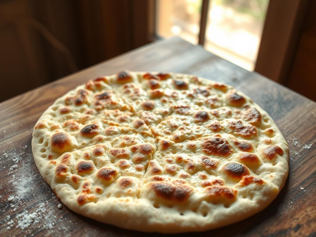 A crisp, golden-brown flatbread crust, freshly baked, resting on a rustic wooden surface. The crust's intricate web of air pockets and delicate charred edges reveal the secrets of its perfectly thin and crunchy texture. Warm sunlight filters through a window, casting a soft, inviting glow over the scene. The crust's surface is slightly irregular, hinting at the skilled hands that carefully kneaded and stretched the dough. A slight dusting of flour adds subtle visual interest, while the smooth, shiny glaze hints at the care taken in its preparation. The overall composition captures the artisanal quality and inviting allure of a homemade flatbread pizza crust.