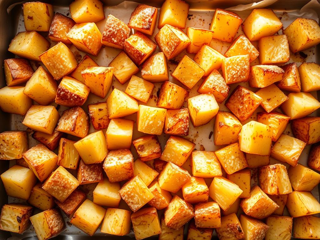 A crisp, golden-brown tray of perfectly roasted potato bites, fresh from the oven. The cubes of russet potatoes, coated in a light dusting of cornstarch, sizzle with a delightful crunch. Wisps of steam rise as the bites are arranged in an inviting composition, their irregular shapes and varying degrees of browning creating an artful, textural display. The warm, soft interior of the potatoes contrasts beautifully with the crisp, caramelized exterior. Bright, natural light from an overhead window filters through, casting a soft glow and gentle shadows that accentuate the dimensional qualities of the dish. The overall mood is one of appetizing, homemade appeal, showcasing the best techniques for achieving irresistibly crispy potato bites in the oven.